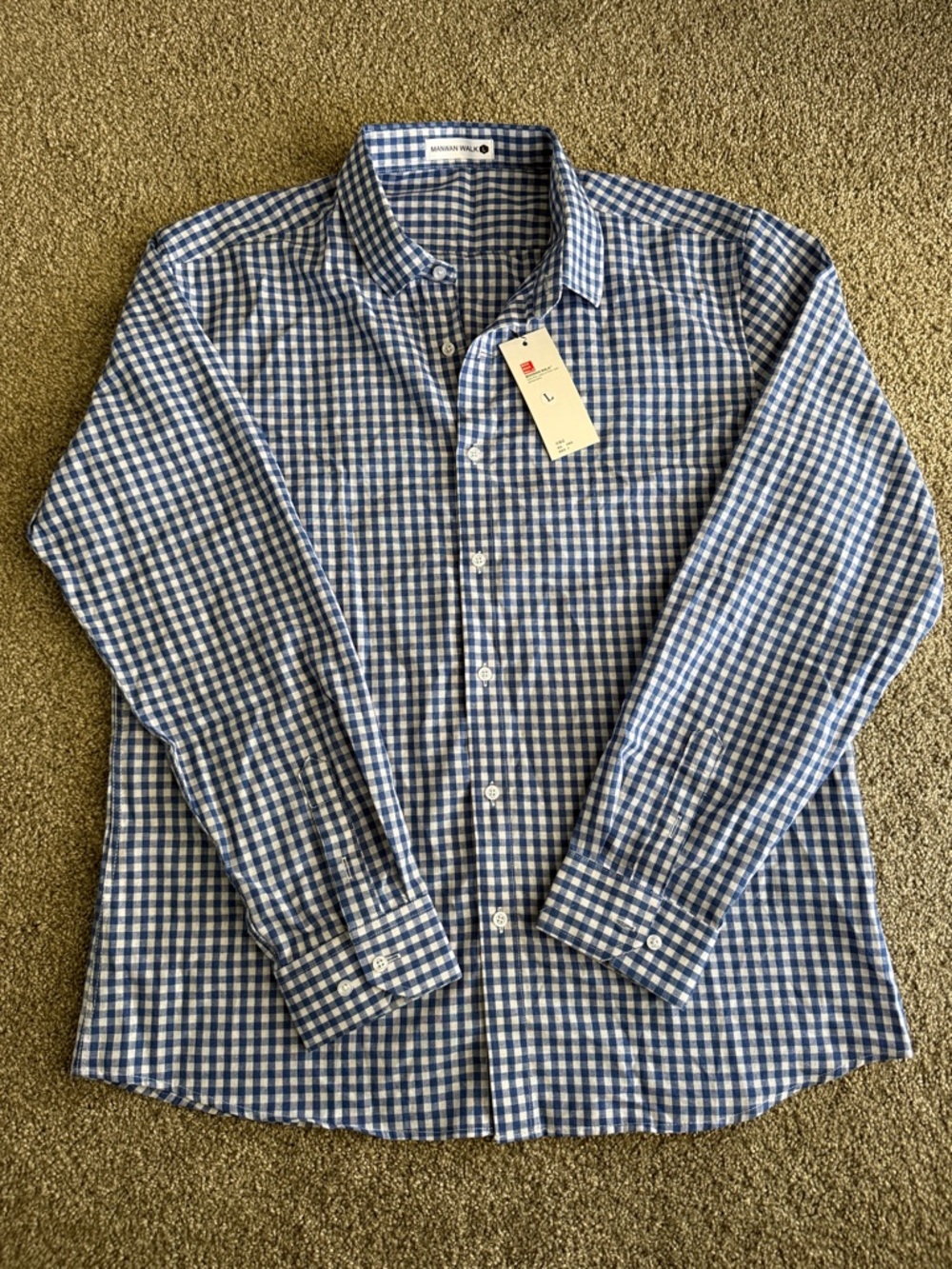 Men's Blue Gingham Dress Shirt - Tailored Long Sleeve 100% Cotton